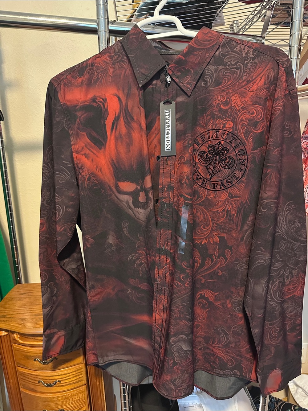 Affliction Red and Black Baroque Skull Button-Up Shirt